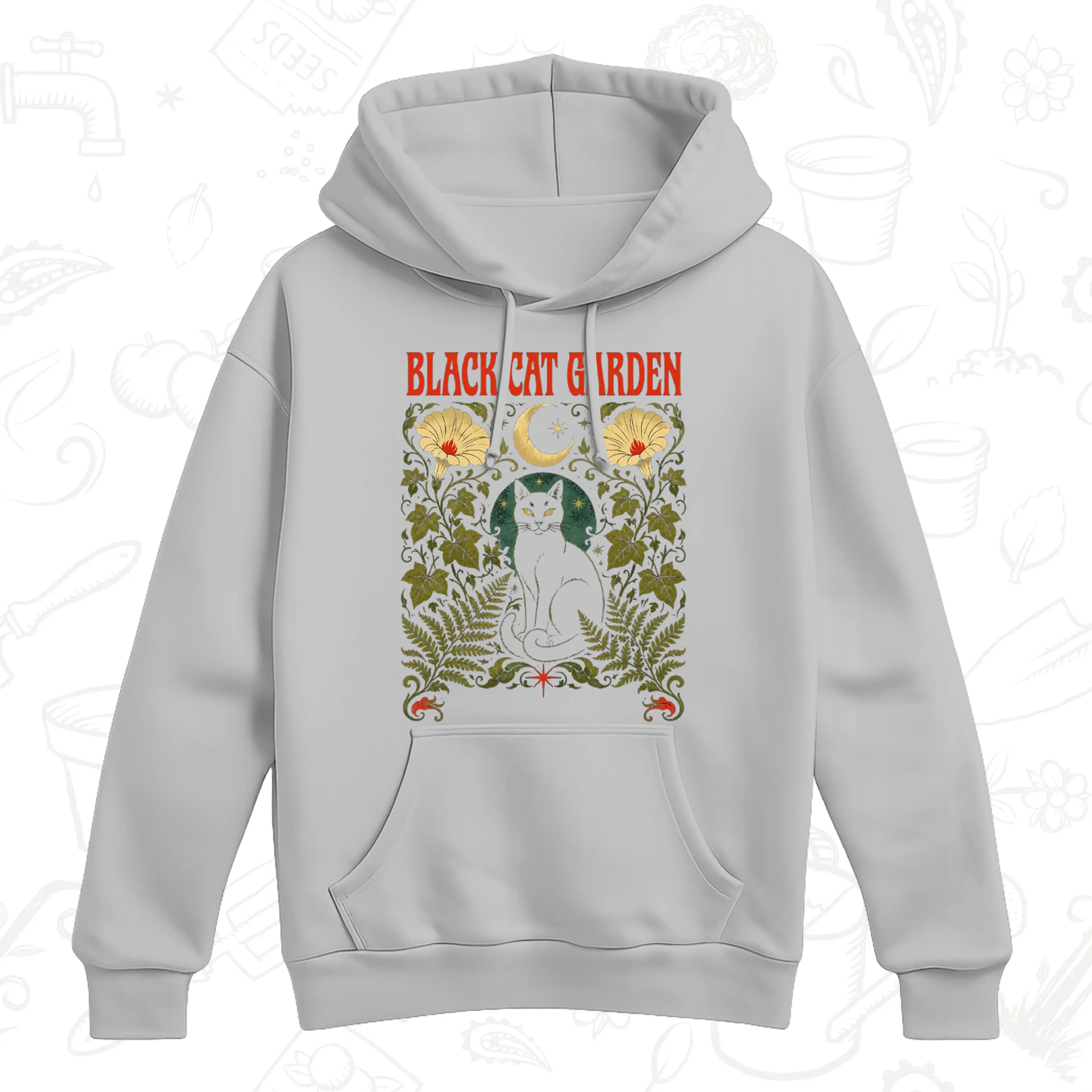 Black Cat Garden Hoodie – Gothic Botanical Cat Lover Pullover