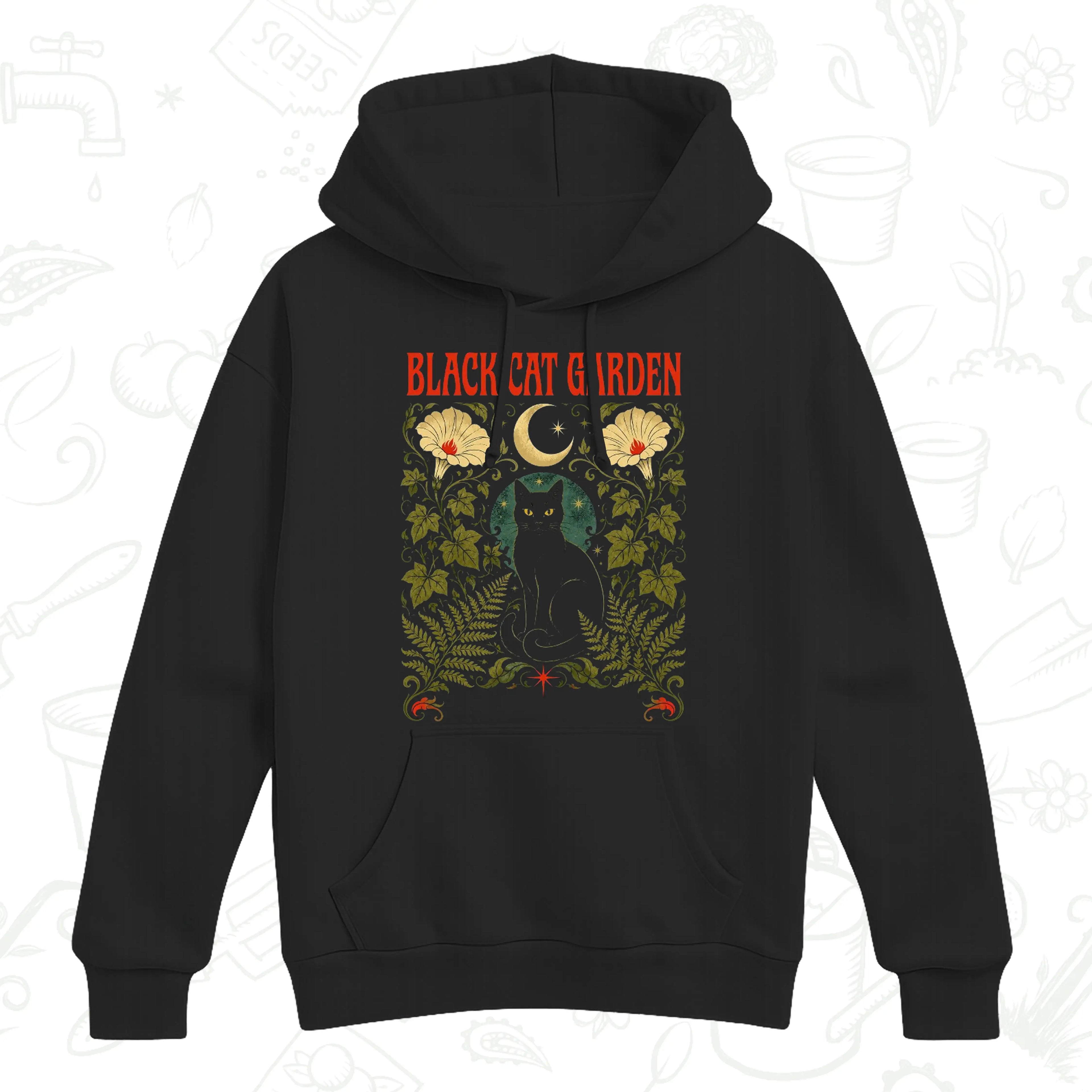 Black Cat Garden Hoodie – Gothic Botanical Cat Lover Pullover