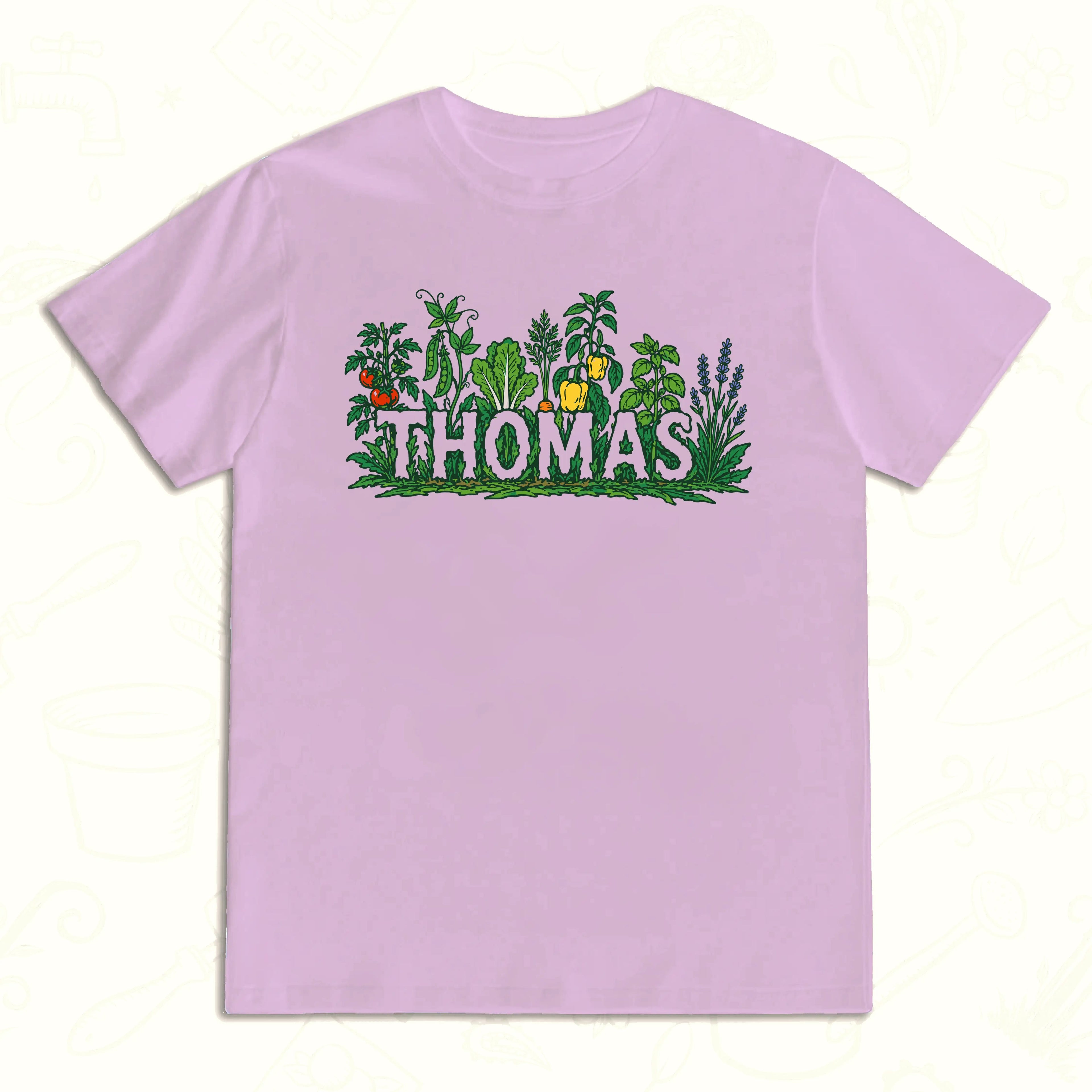 Thomas Vegetable Garden T-Shirt – Personalised Gardener Graphic Tee Light Pink